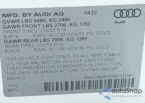 2022 Audi Q5 Premium 45 Tfsi S Line Quattro S Tronic из США, поврежденный, VIN WA1GAAFY0N2101561